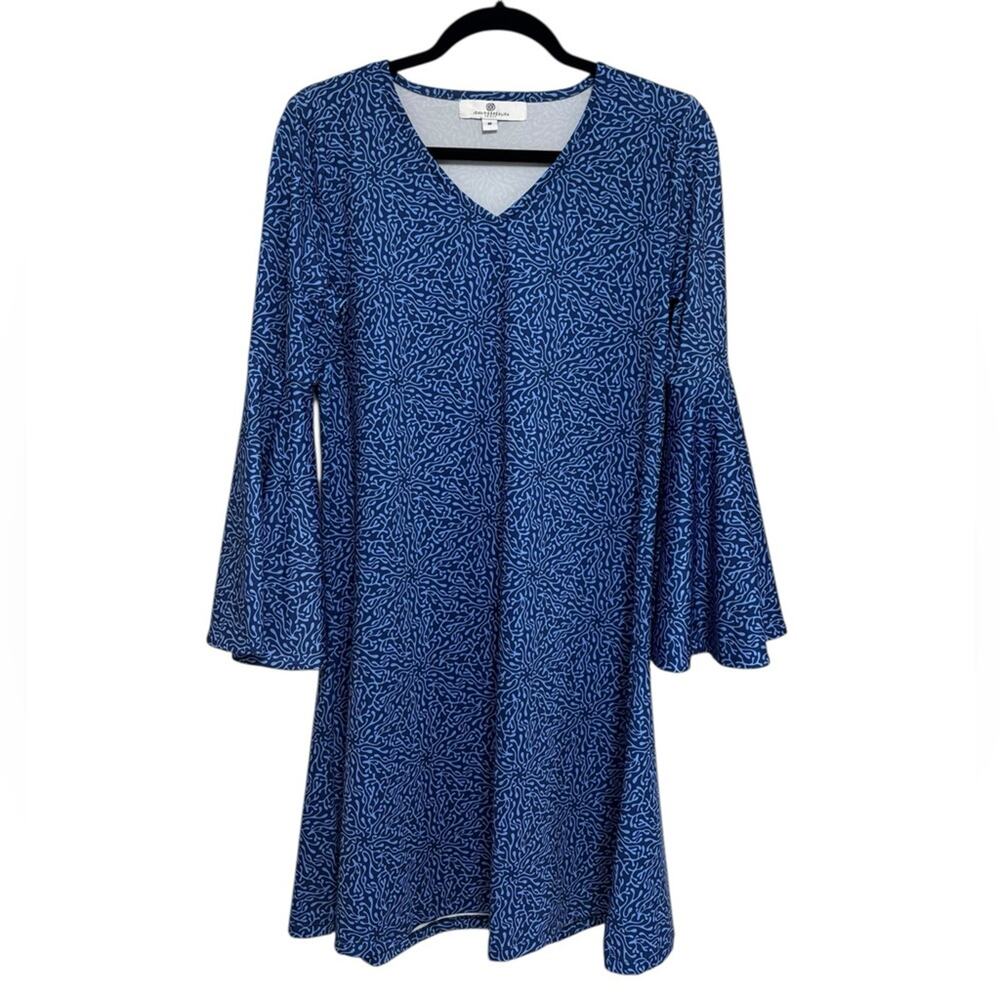 Jean-Pierre Klifa Bell Sleeve Shift Dress in Blue Abstract Print - Size M